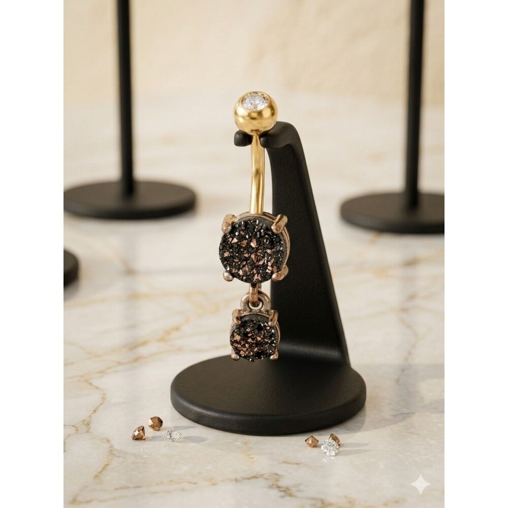 Gold-Tone Double Drop Faux Black Druzy Crystal Navel Piercing Ring